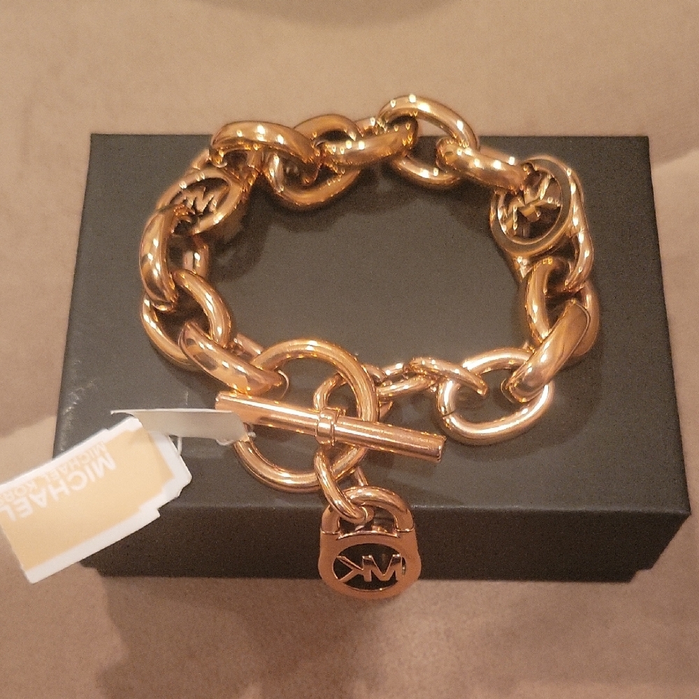 Michael Kors Rose- Gold Statement Chain With Logo Padlock Bracelet